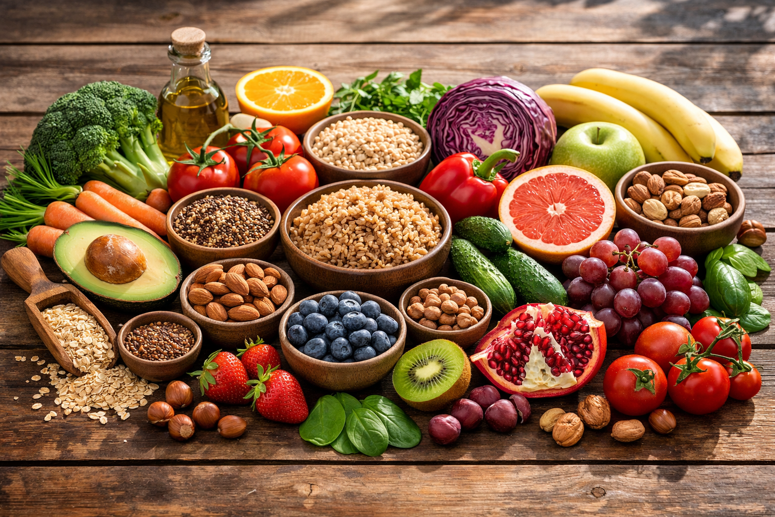 Kolorowy zestaw świeżych owoców, warzyw, orzechów i pełnych ziaren na drewnianym stole w naturalnym świetle dziennym, koncepcja zdrowego odżywiania