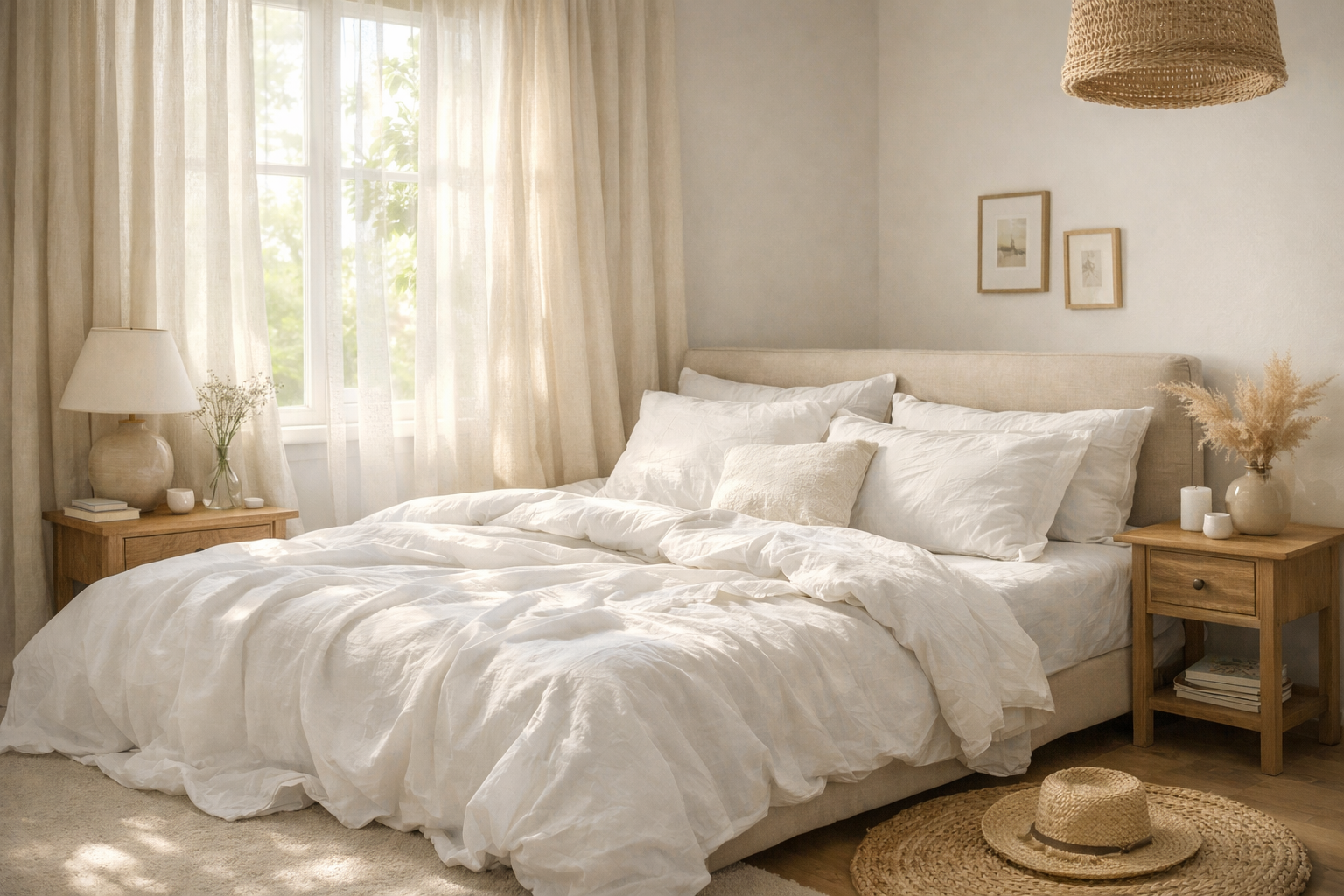 Spokojna sypialnia z delikatnym naturalnym światłem przebijającym przez zasłony, przytulne łóżko z białą pościelą, cisza i spokojny klimat